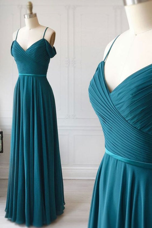 Tiefgrünes Chiffon Spaghettiträger Langes Ballkleid, Brautjungfernkleid cg1735