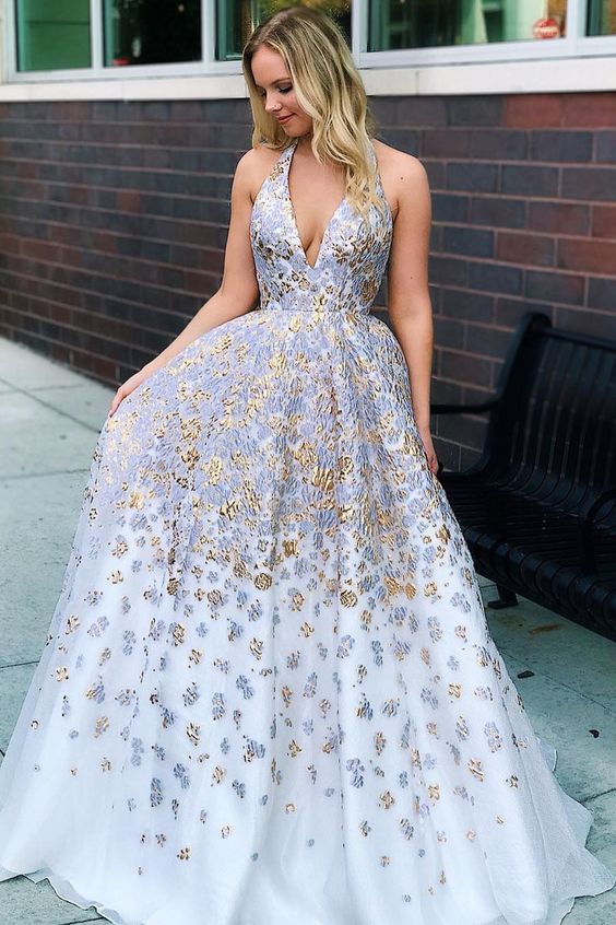 A Line V Neck Halter Tulle Prom Dresses, Blue Chiffon Evening Dresses, Long Cheap Formal Dresses cg17363