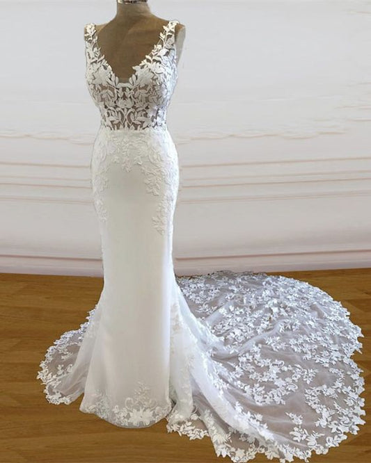 Boho Rustikale Brautkleider Meerjungfrau V-Ausschnitt Sweep Schleppe Ballkleid cg17374
