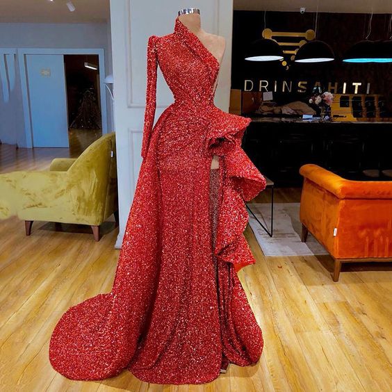 one shoulder prom dresses, long sleeve prom dresses, mermaid prom dresses, long sleeve evening dresses cg12375