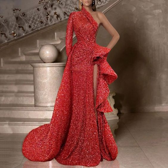 one shoulder prom dresses, long sleeve prom dresses, mermaid prom dresses, long sleeve evening dresses cg12375