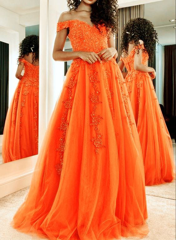 elegant orange prom dresses tulle off shoulder lace appliques evening gown cg12377