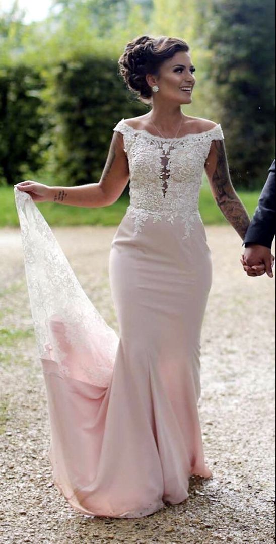 beautiful pink mermaid prom dresses ivory lace off the shoulder evening gown cg12378