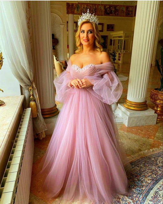 Ballkleider Dusty Pink Boho Brautkleider Tüll Lange Ärmel Off The Shoulder cg17382