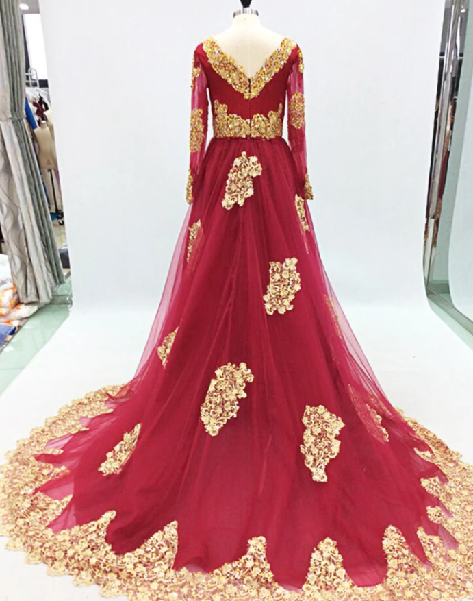Burgundy Tulle Gold Lace Applique Long Arabic Prom Dress, Formal Dress cg17388