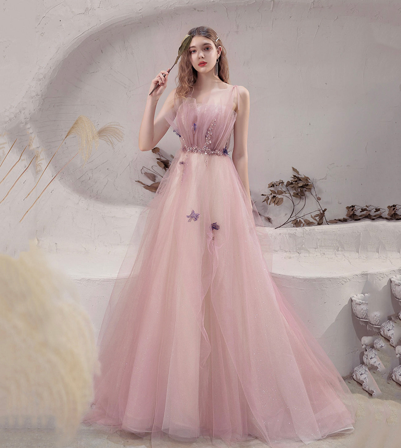 PINK TULLE LONG A LINE PROM DRESS EVENING DRESS cg17391