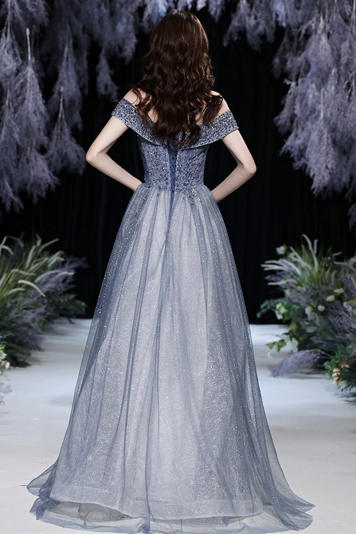 GREY TULLE BEADS LONG PROM DRESS SHINY EVENING DRESS cg17392