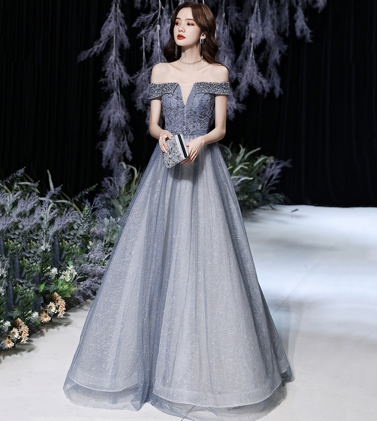 GREY TULLE BEADS LONG PROM DRESS SHINY EVENING DRESS cg17392