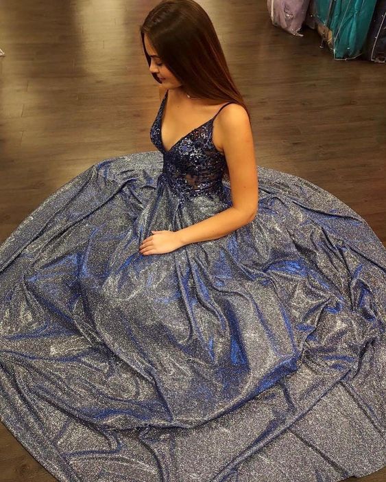 A-line navy blue long prom dress with v neckline cg17397