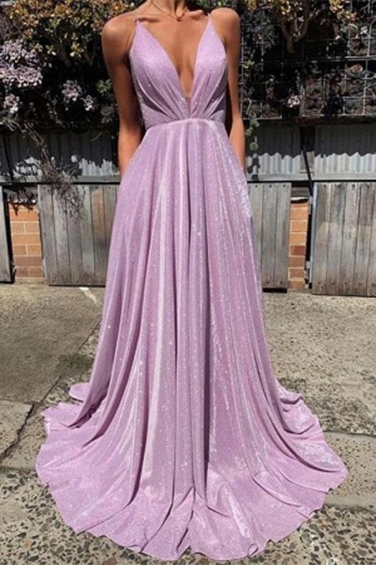 Charmantes, schlichtes A-Linien-Ballkleid mit Spaghettiträgern und V-Ausschnitt und Pailletten, cg174