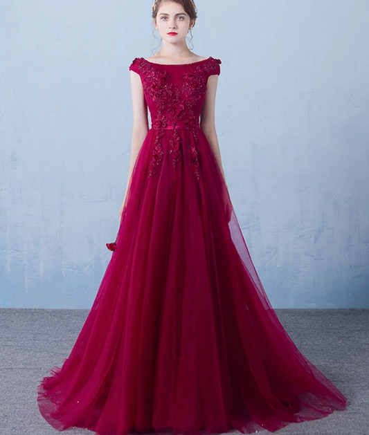 Weinrotes langes Tüll-Ballkleid mit rundem Ausschnitt und Spitzenapplikation, Tüll-Abendkleid cg17413