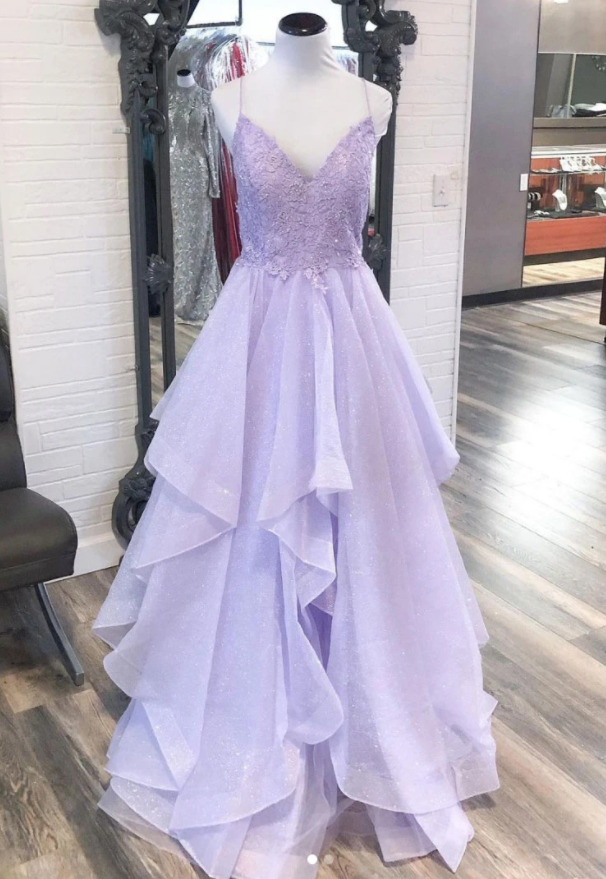 PURPLE V NECK TULLE LACE LONG PROM DRESS PURPLE EVENING DRESS cg17415