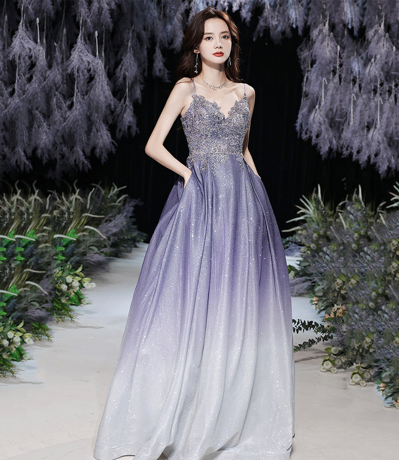 STYLISH V NECK LACE LONG PROM DRESS EVENING DRESS cg17432