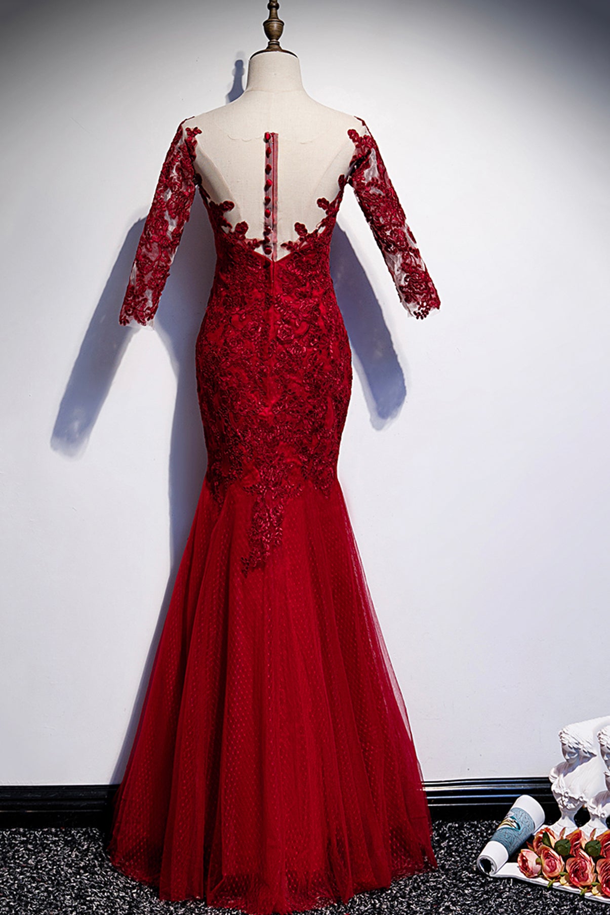 BURGUNDY LACE LONG PROM DRESS MERMAID EVENING DRESS cg17433
