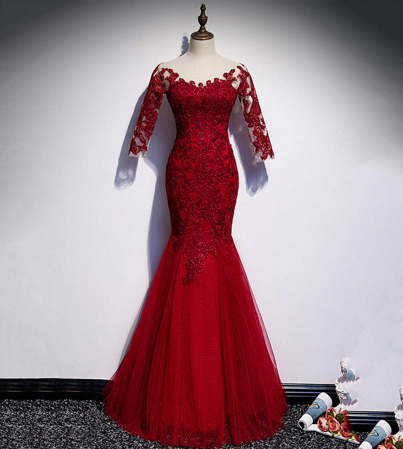 BURGUNDY LACE LONG PROM DRESS MERMAID EVENING DRESS cg17433