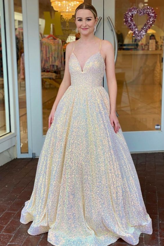 princess A-line champagne sequined long formal dress prom dress 2021 cg17434