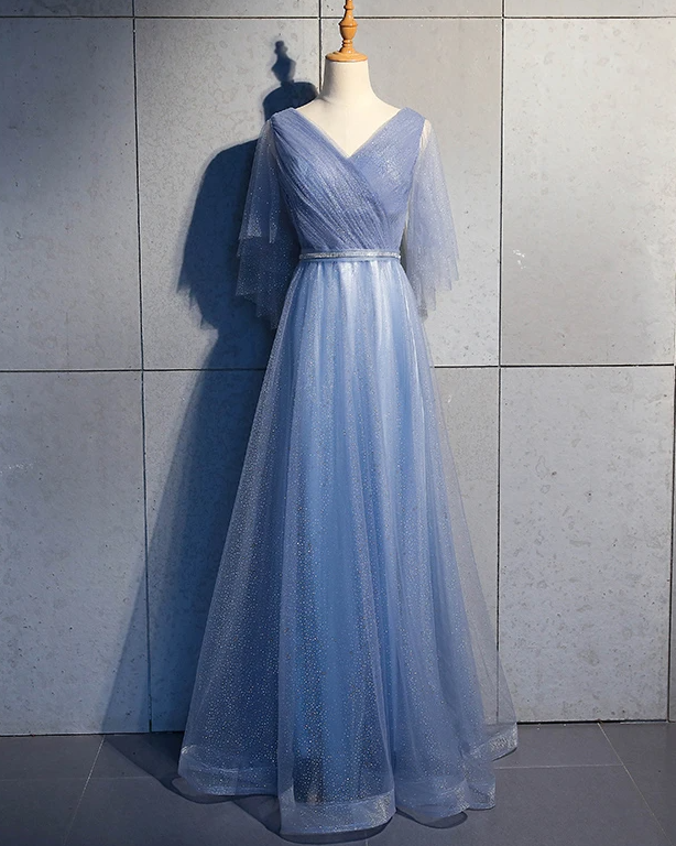 Tüll A-Linie Kurze Ärmel Langes Ballkleid, Tüll Brautjungfernkleid Partykleid cg17444