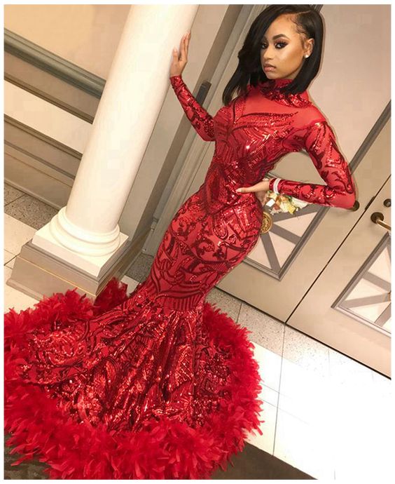 Red Long Sleeve Mermaid Prom Dresses with Feathers,Sweep Train High Neck Elegant Black Girls Evening Gala Gowns cg17466