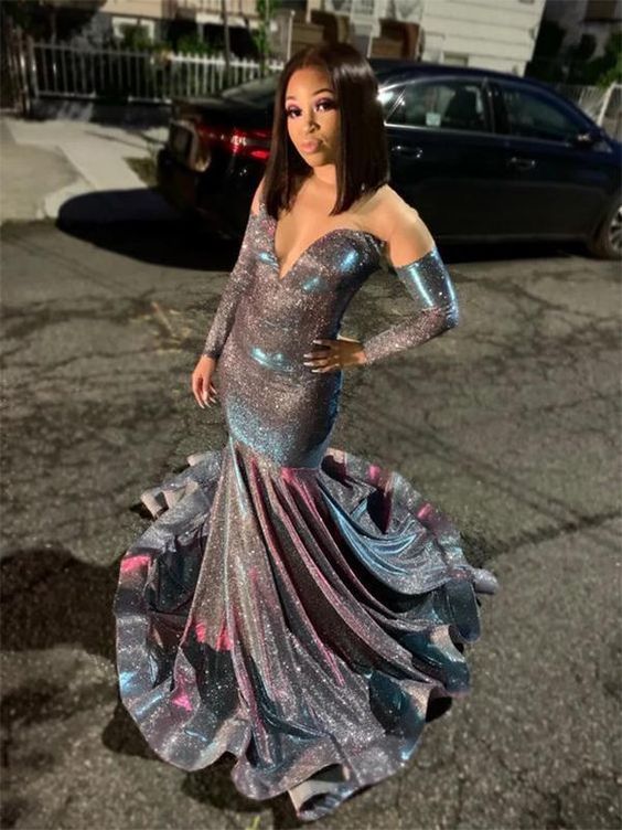 V-Neck Long Sleeves Prom Dress , Mermiad Prom Dress cg17467