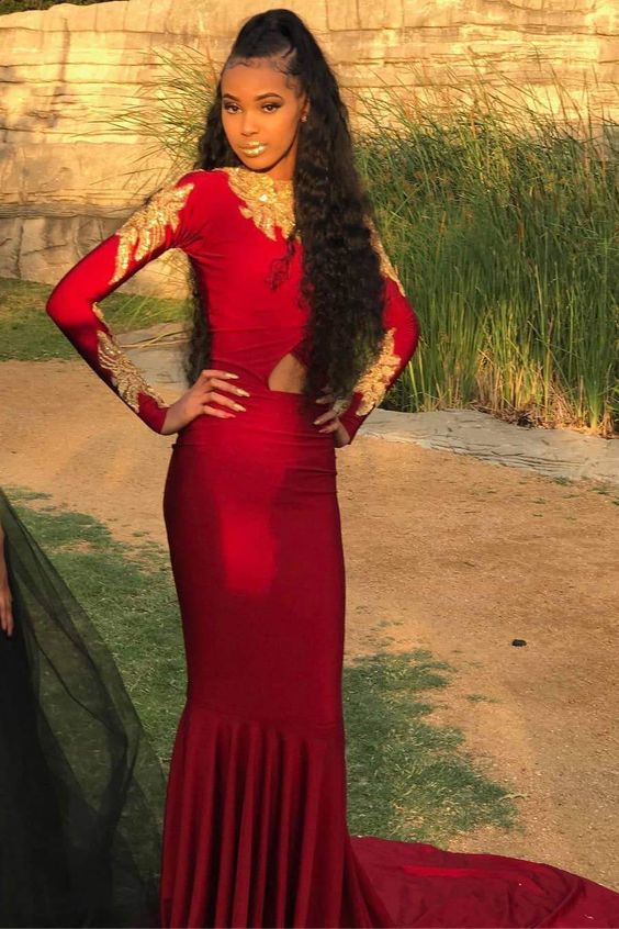 Excellent Red Long Sleeves Jewel Mermaid Prom Dresses with Train cg17473
