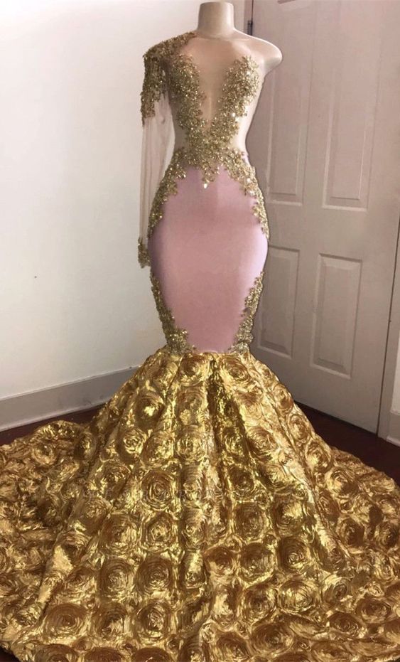 Stunning Gold Floral One Sleeve Mermaid Prom Dresses | African Prom Gowns cg17475
