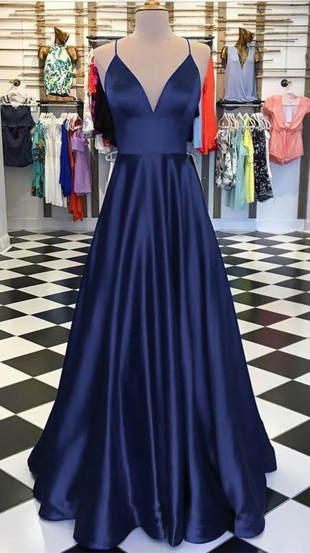 A-Line Long Satin V-Neck Prom Dresses Formal Evening Gowns cg17482