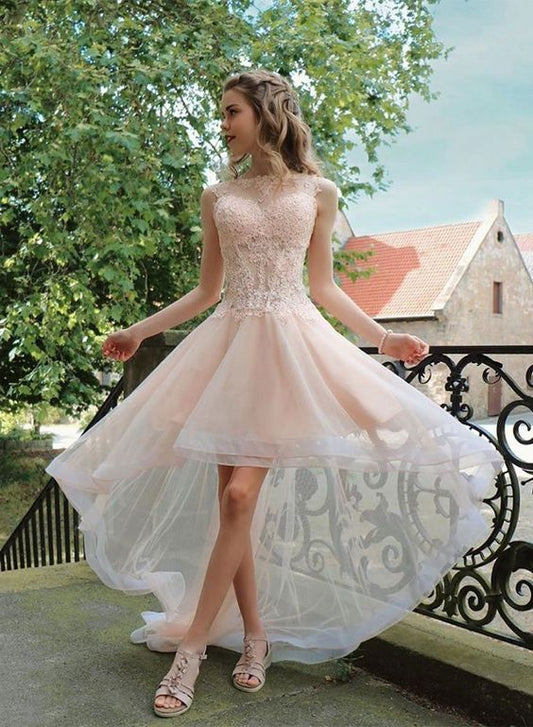 Hellrosa High-Low-Ballkleid aus Spitzentüll, Ballkleid cg1749