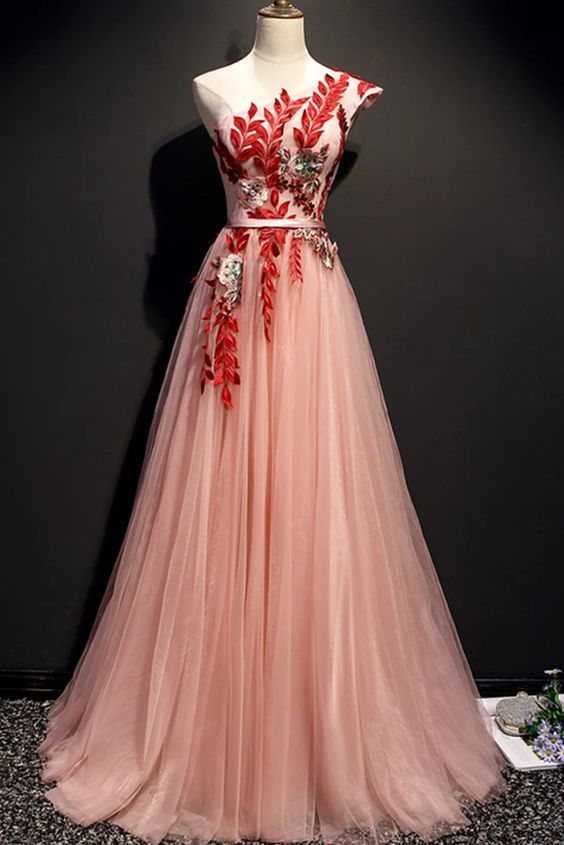 A Line One Shoulder Tulle Red Applique Long Prom Dress Evening Dress cg17491