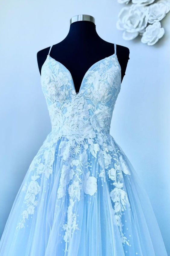 2021 Blue A-line Lace Appliqued Long Prom Dress Formal Dress cg17512