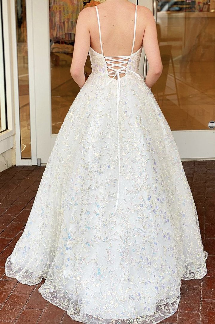White sequins long A line prom dress shiny evening dress cg17518