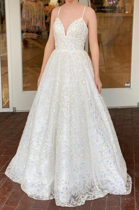 White sequins long A line prom dress shiny evening dress cg17518