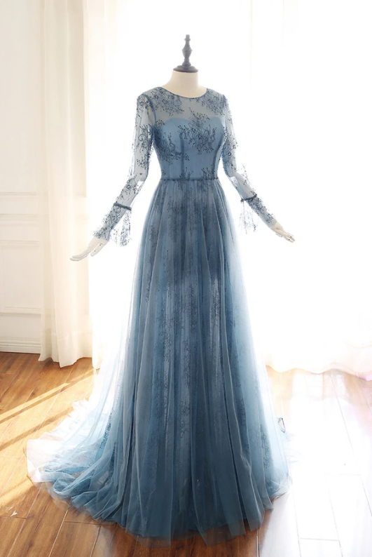 Blue tulle lace Long sleeve prom dress, blue bridesmaid dress cg17536