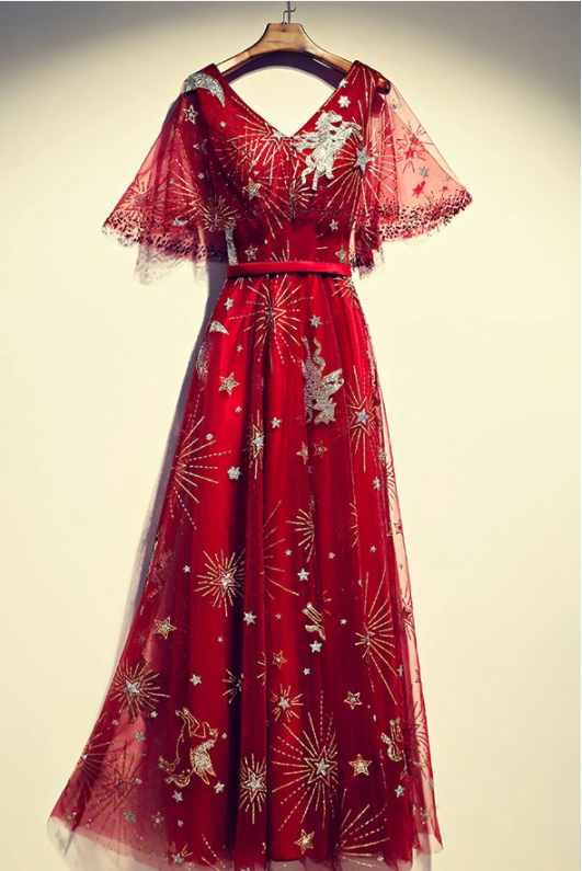 Burgundy tulle lace long prom dress, burgundy evening dress cg17537