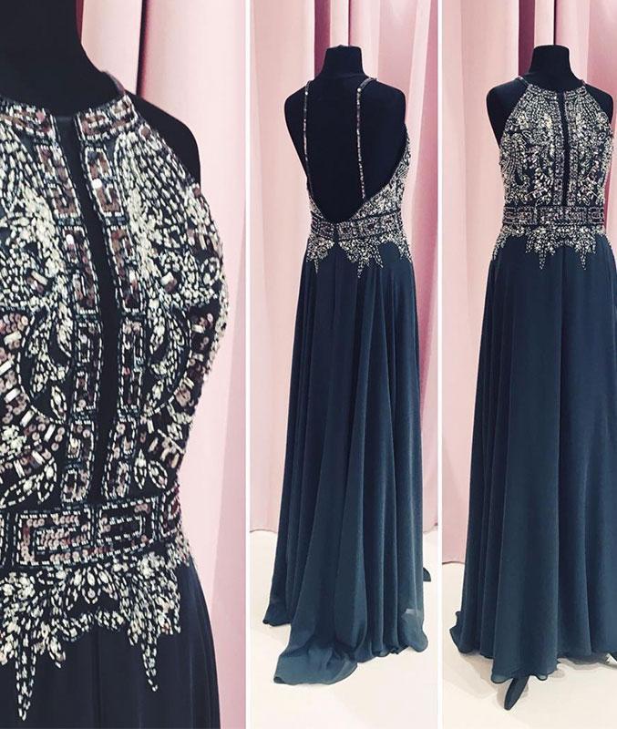 Dark blue round neck sequin chiffon long prom dress, blue evening dres cg17540