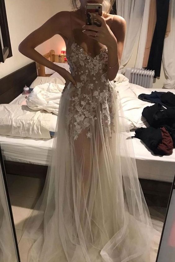 Light champagne tulle lace long prom dress cg17545