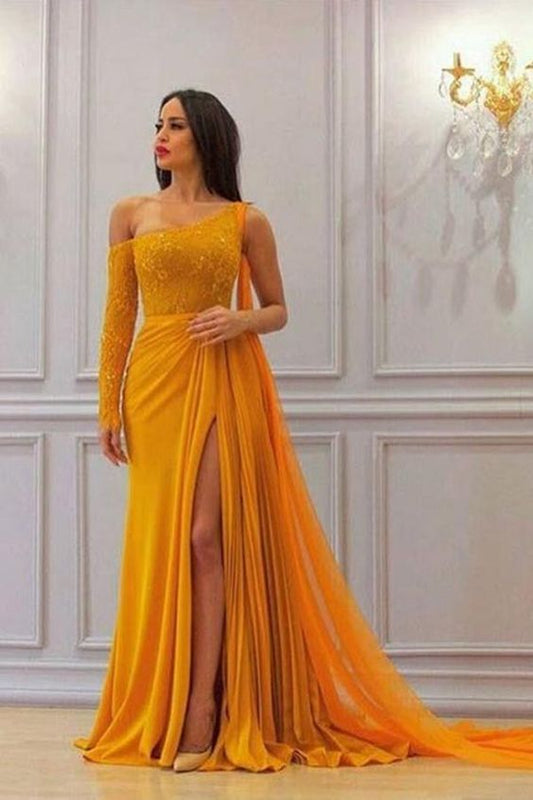 A-Linie Gelb Ein Langarm Chiffon Ballkleider, Hochgeschlitzte Abendkleider cg1755