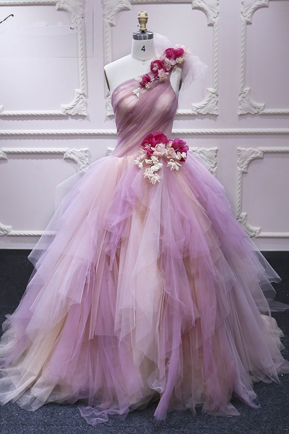 Pink Tulle One Shoulder Flowers Applique Sweet 16 Prom Dress, Ruffles Quinceanera Dress cg17554