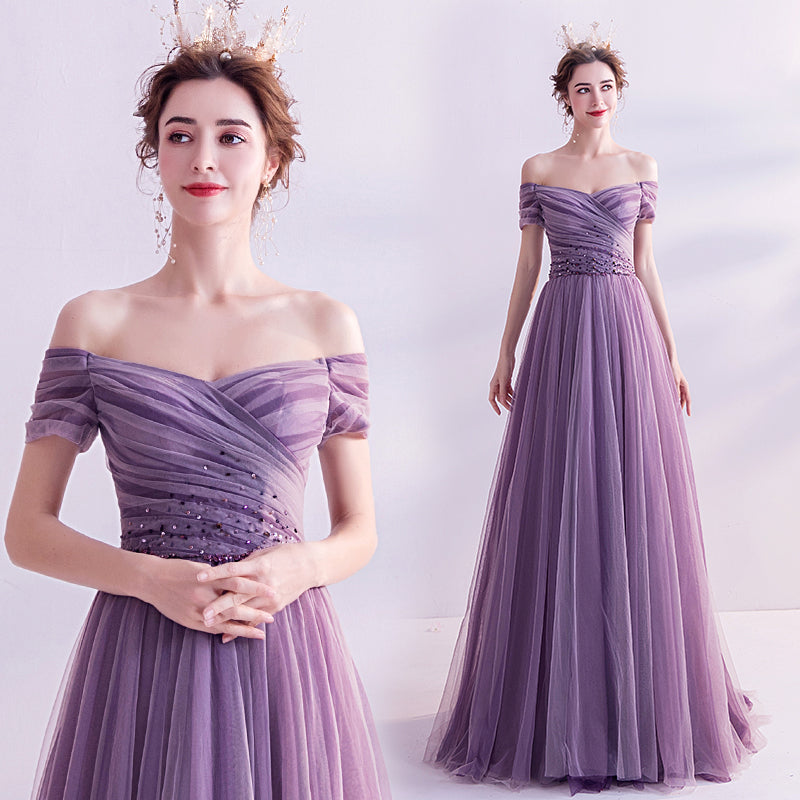 PURPLE TULLE LONG PROM DRESS A LINE EVENING DRESS cg17569