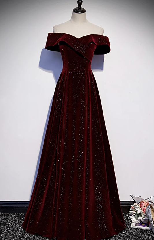 Burgunderrotes langes Ballkleid aus Samt, Abendkleid cg17583
