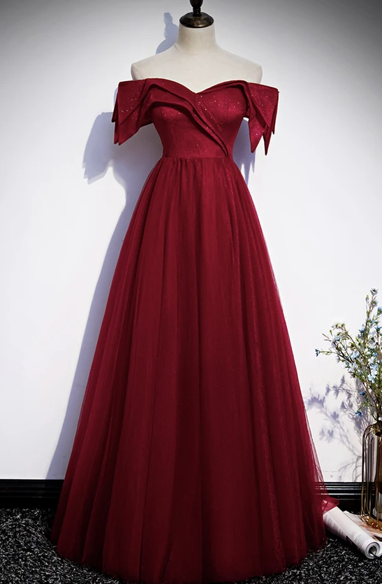 Burgundy off shoulder long prom dress evening dress cg17584