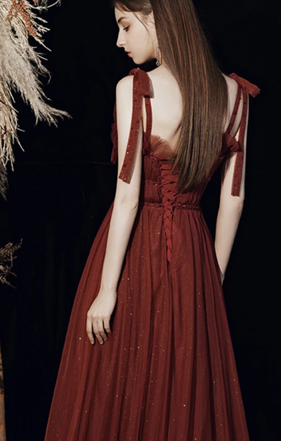 Burgundy tulle long prom dress A line evening dress cg17586