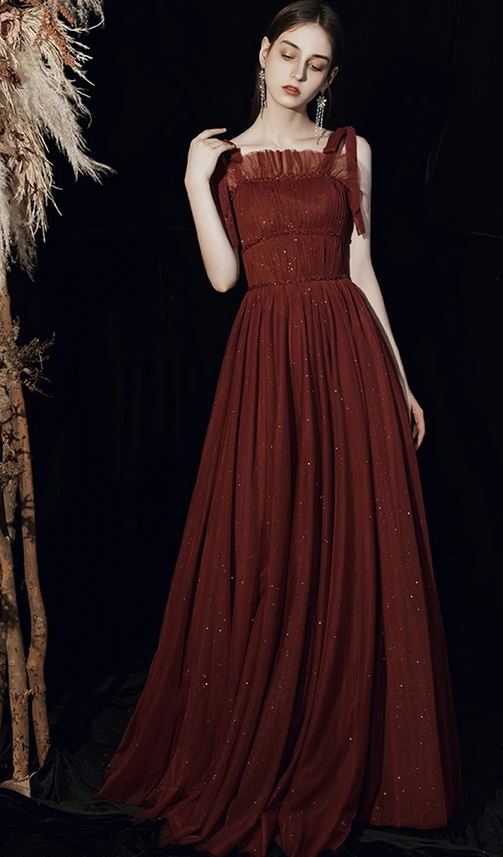 Burgundy tulle long prom dress A line evening dress cg17586