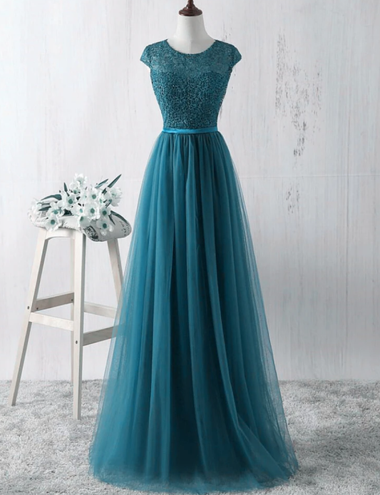 Schlichtes blaugrünes Brautjungfernkleid aus Spitze und Tüll, langes Ballkleid, Partykleid cg17587