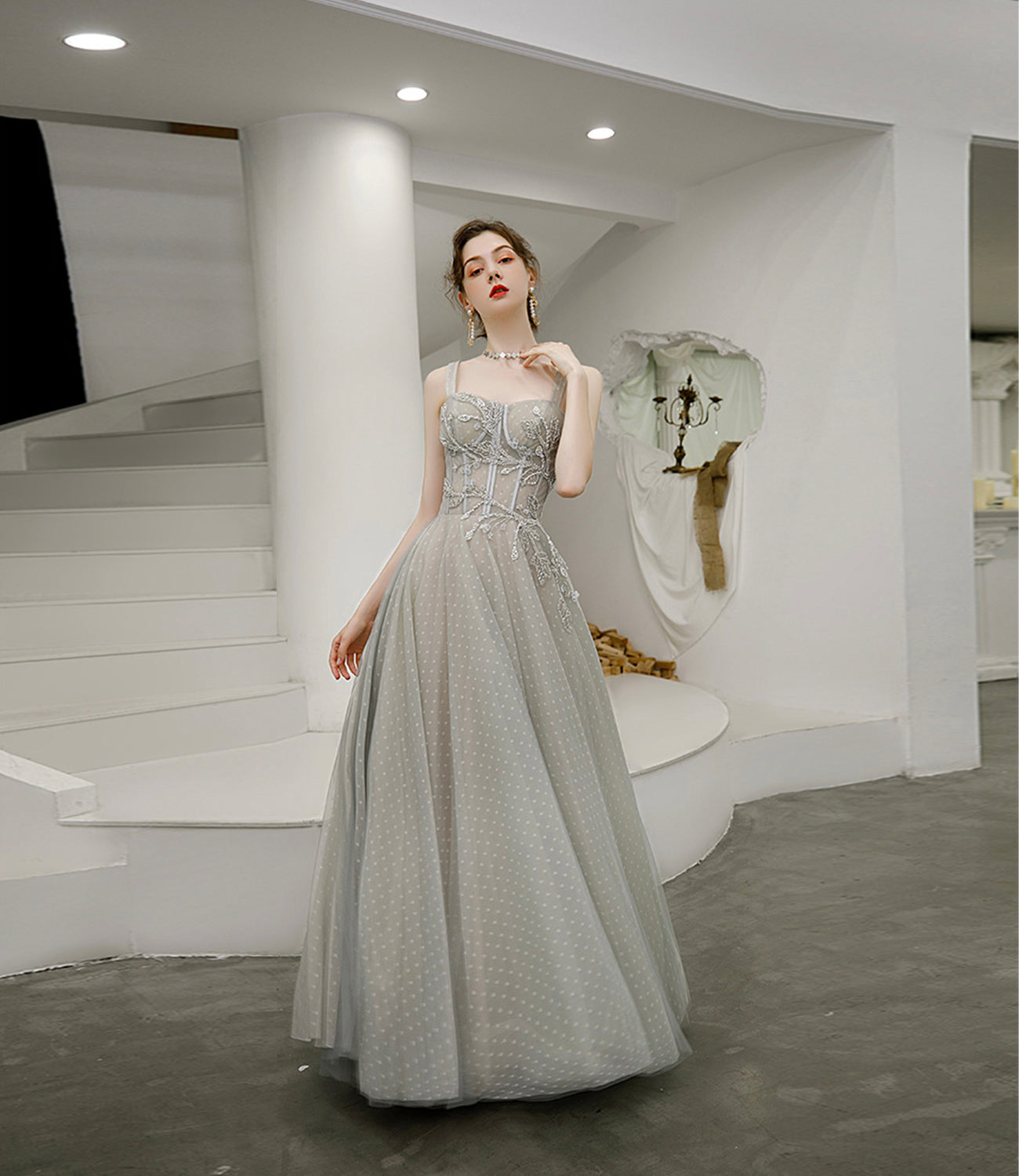 GREY TULLE LONG A LINE PROM DRESS EVENING DRESS cg17590