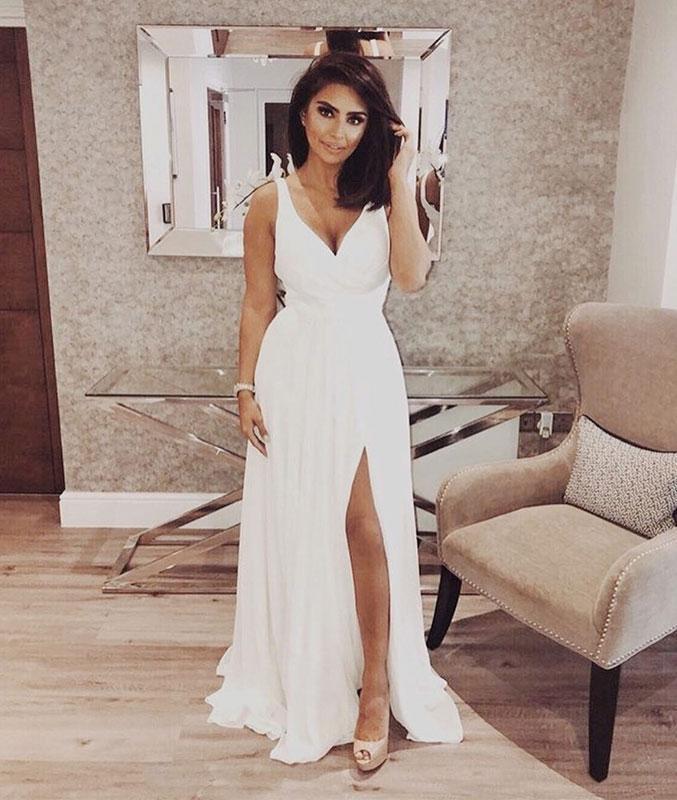 Simple white v neck chiffon long prom dress, white evening dress cg17606