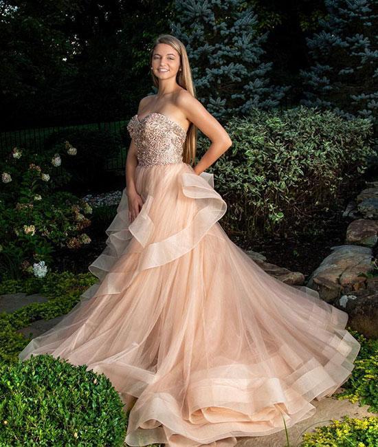 Champagne sweetheart tulle long prom dress, champagne evening dress cg17607