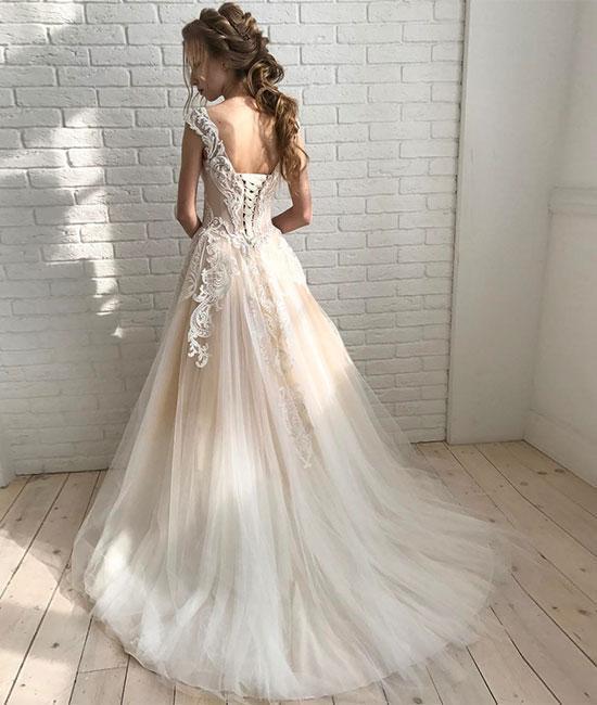 Champagne round neck tulle lace long prom dress, champagne evening dress cg17609