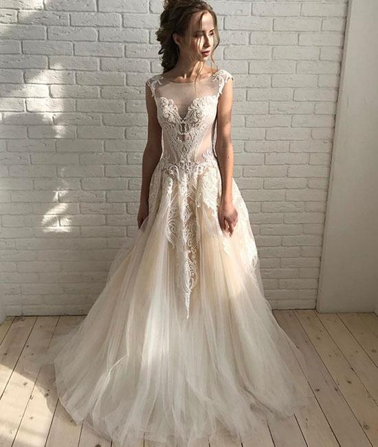 Champagne round neck tulle lace long prom dress, champagne evening dress cg17609