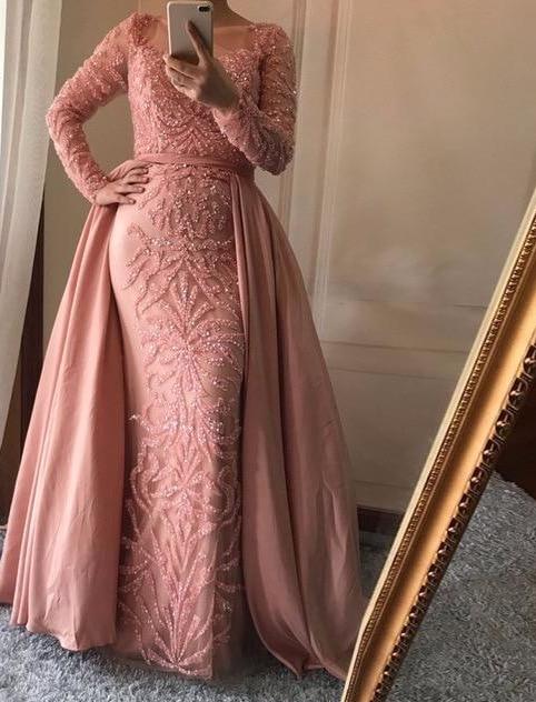 Sexy Sheer Long Sleeve Evening Dresses Crystal Beaded Muslim Prom Dress Party Gown cg17629