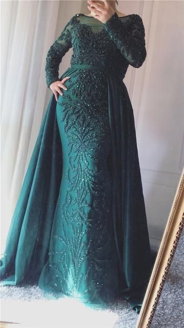 Sexy Sheer Long Sleeve Evening Dresses Crystal Beaded Muslim Prom Dress Party Gown cg17629